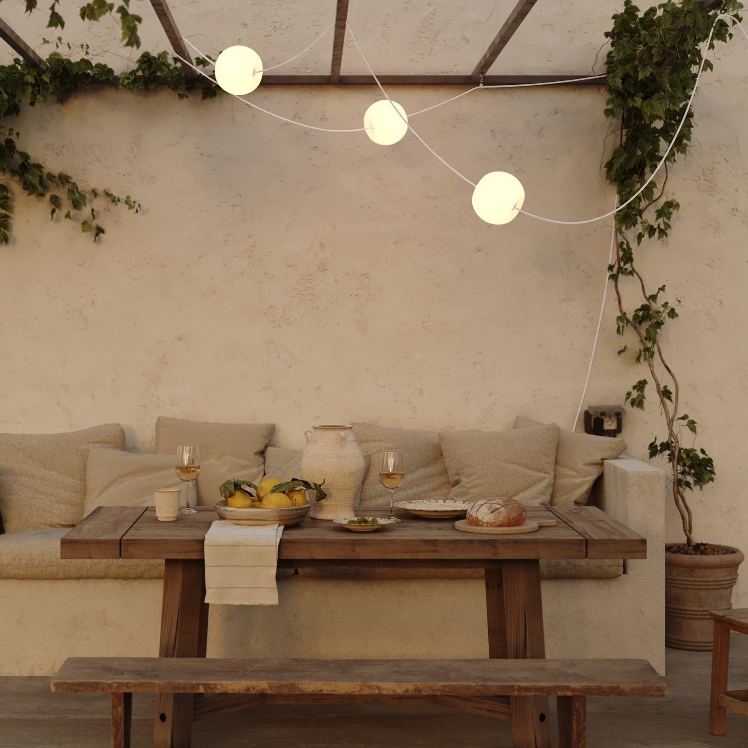 Catena luminosa 3 punti luce da esterno IP67 Bianco Sabbia - Marina3 Cherry 140 cm