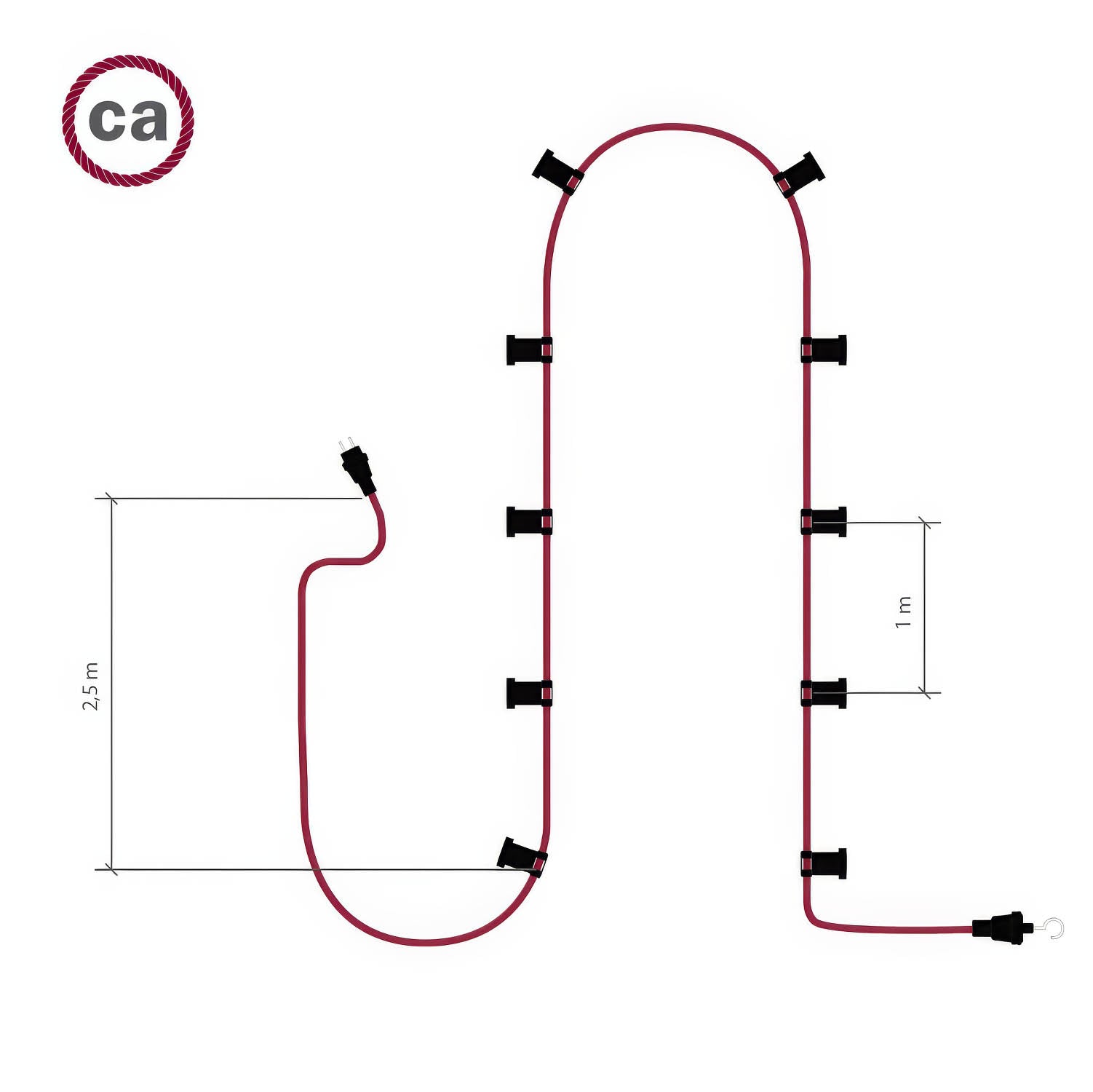 Catenaria Sistema Lumet da 12,5 m con cavo tessile CM22, 10 portalampada, gancio e spina bianchi