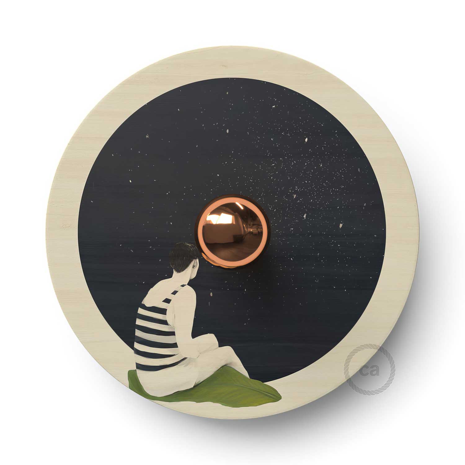 Fermaluce Romantic con paralume UFO in legno double-face illustrato da Chiara Fucà