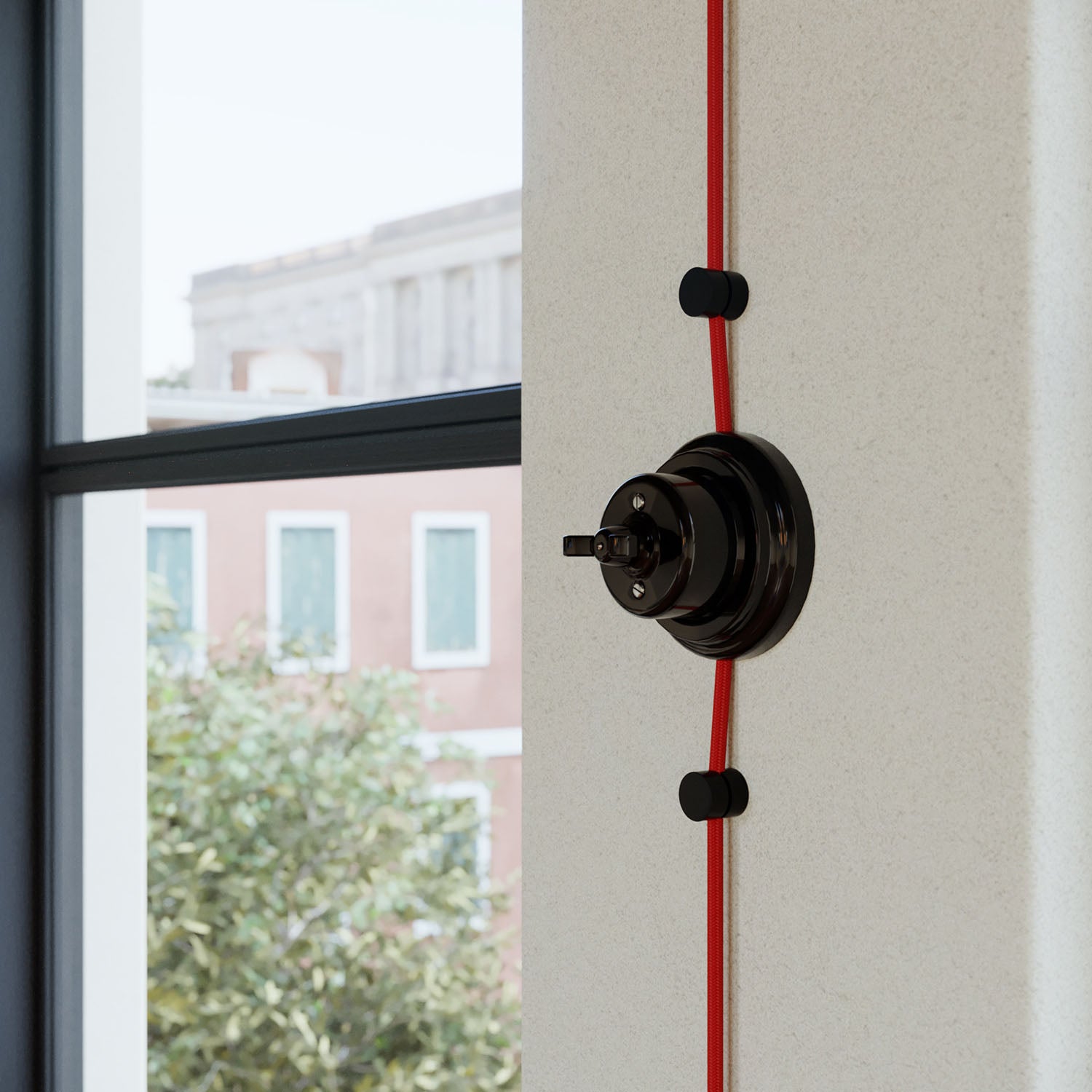 Kit interruttore/deviatore con dado a farfalla e base in porcellana nera Nero