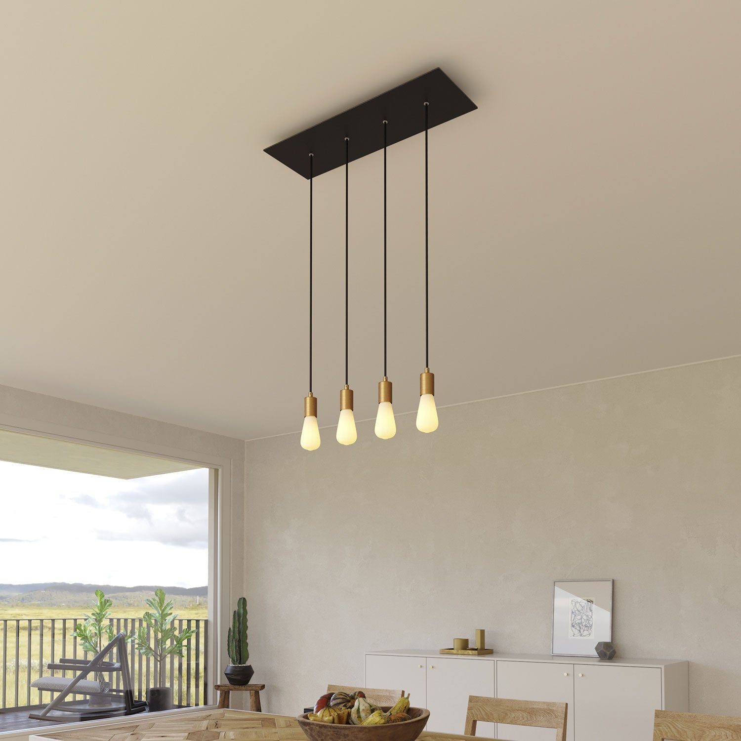 Lampada a sospensione a 4 cadute con XXL Rose-One rettangolare 675 mm con finiture in metallo - Nero opaco