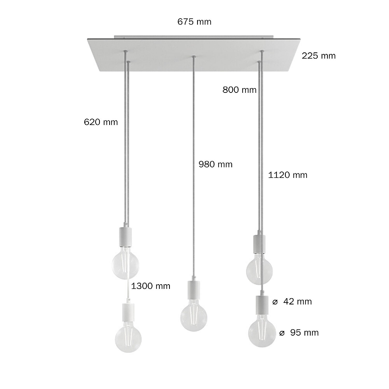 Lampada a sospensione a 5 cadute con XXL Rose-One rettangolare 675 mm con finiture in metallo - Nero opaco