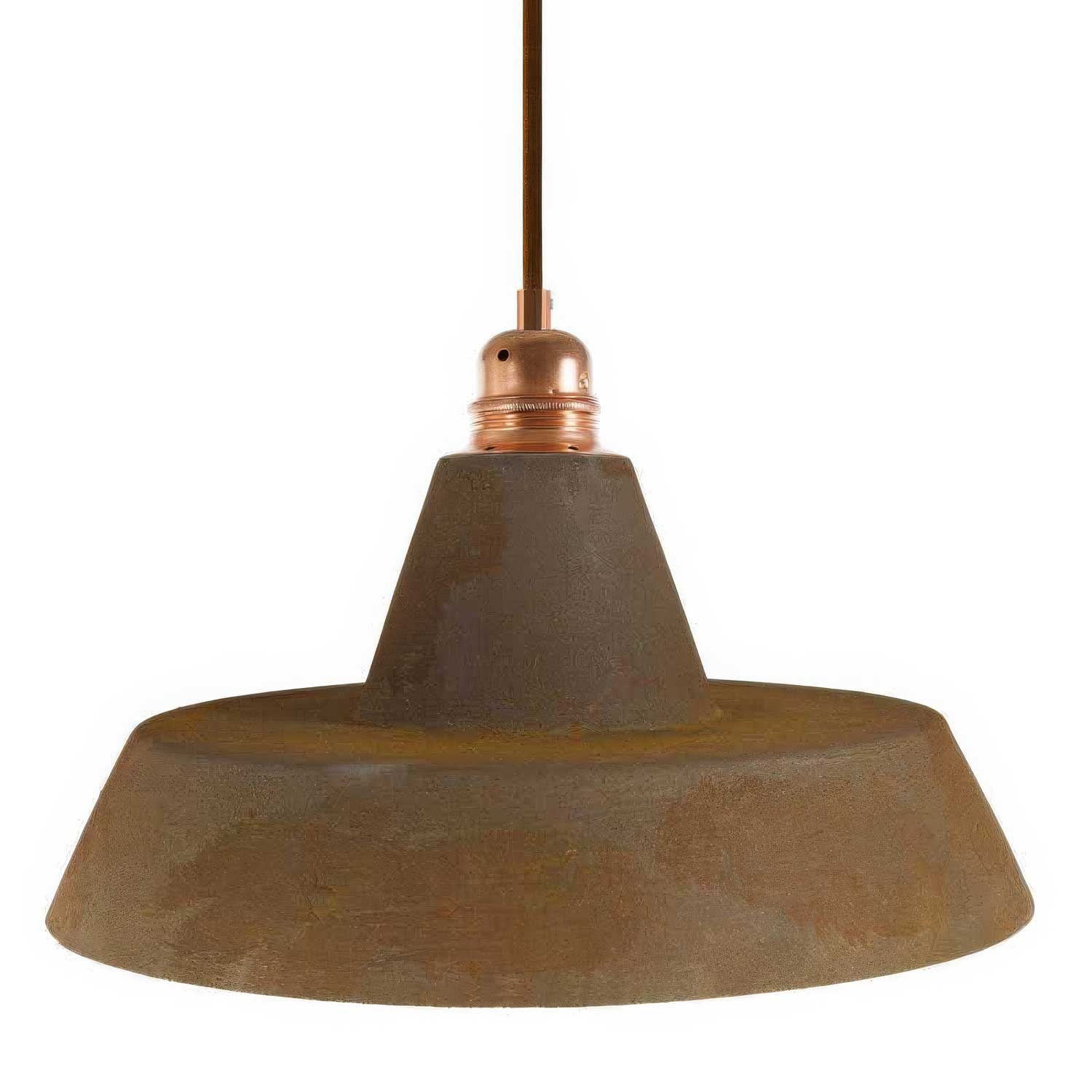 Lampada a sospensione completa di cavo tessile, paralume in ceramica Industriale e finiture in metallo - Effetto corten
