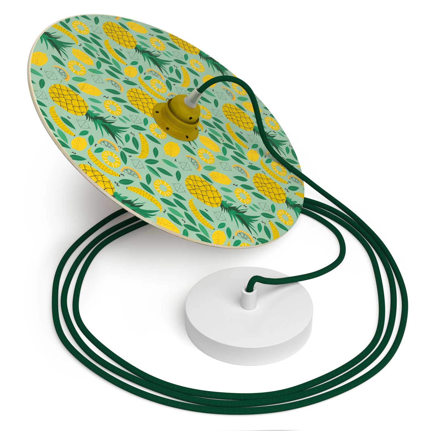 Lampada a sospensione completa di cavo tessile, paralume in legno UFO double-face e finiture in metallo - Annachiara Zaminato