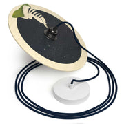 Lampada a sospensione completa di cavo tessile, paralume in legno UFO double-face e finiture in metallo - Chiara Fucà