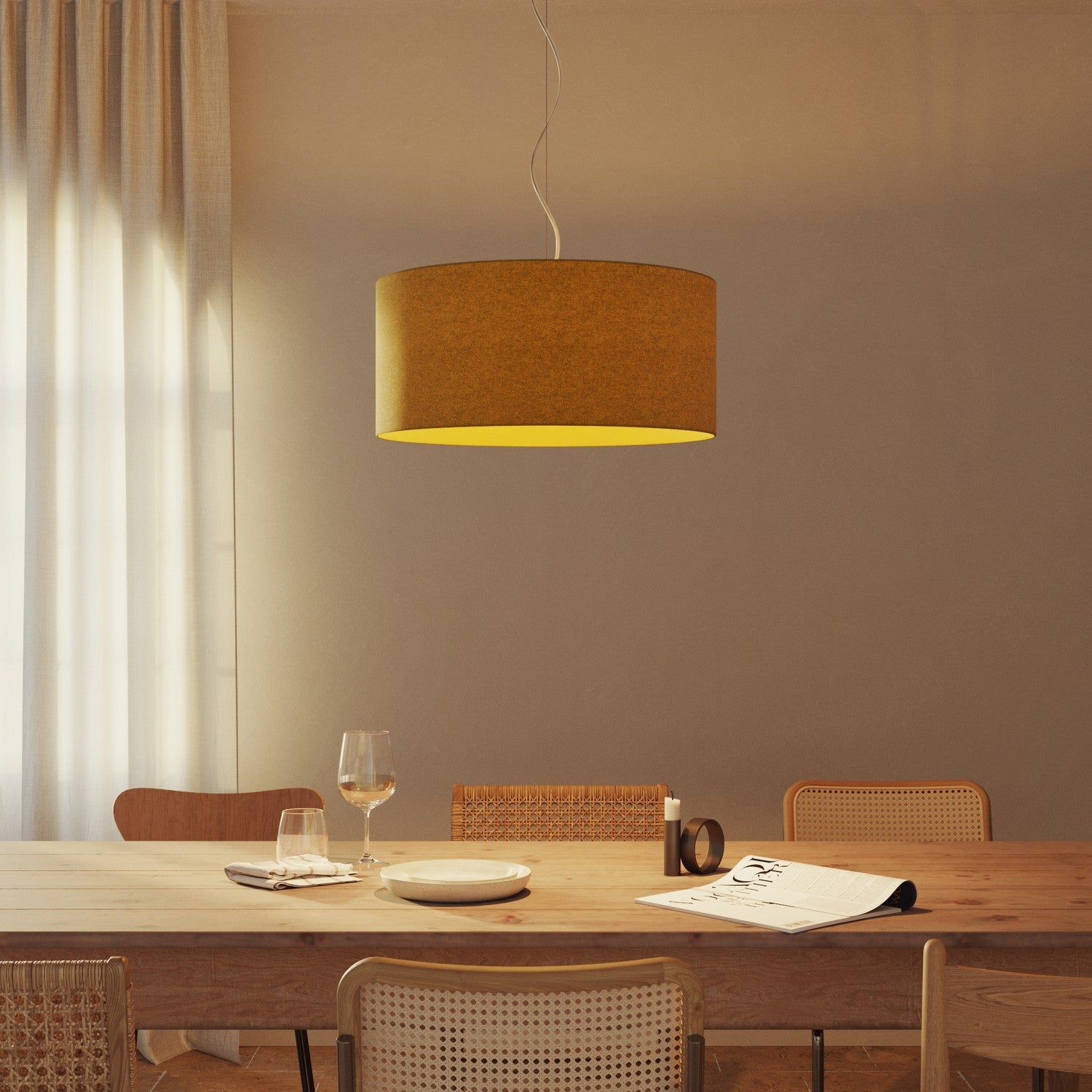 Lampada a sospensione con paralume in tessuto Cilindro Large - Made in Italy - Lana Senape No