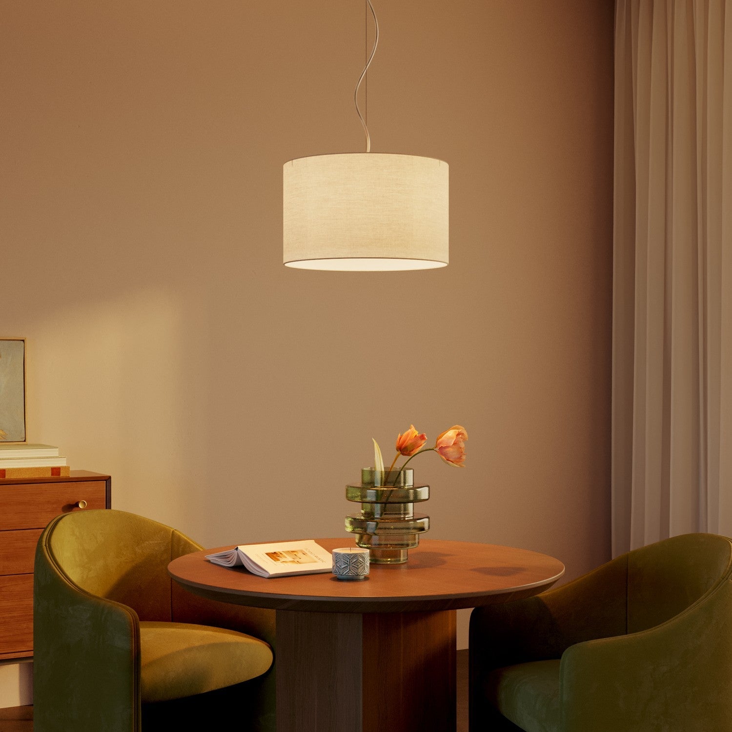 Lampada a sospensione con paralume in tessuto Cilindro Small Arenal sabbia - Made in Italy No