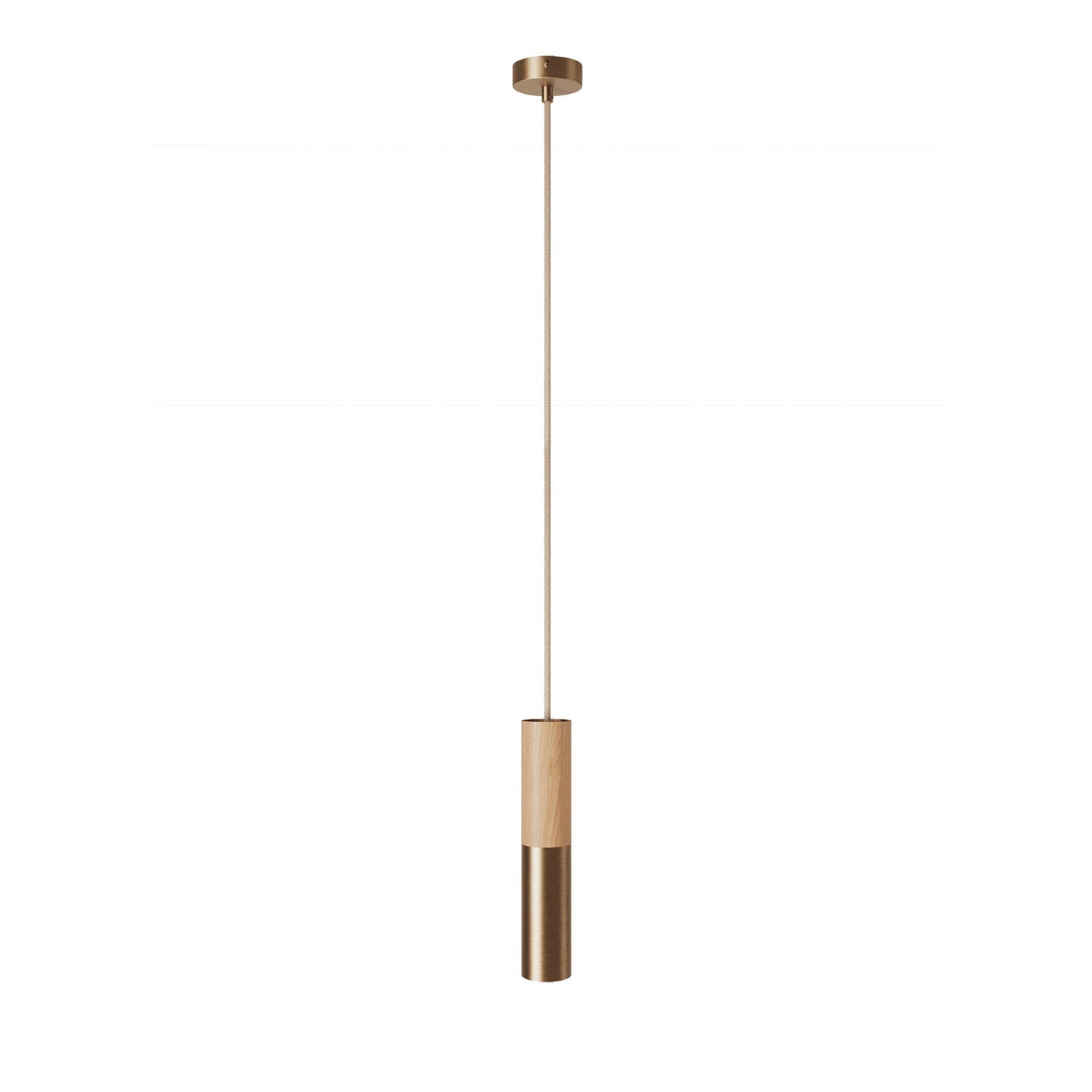Lampada a sospensione Made in Italy completa di cavo tessile e doppio paralume Tub-E14 in legno e metallo - Bronzo satinato