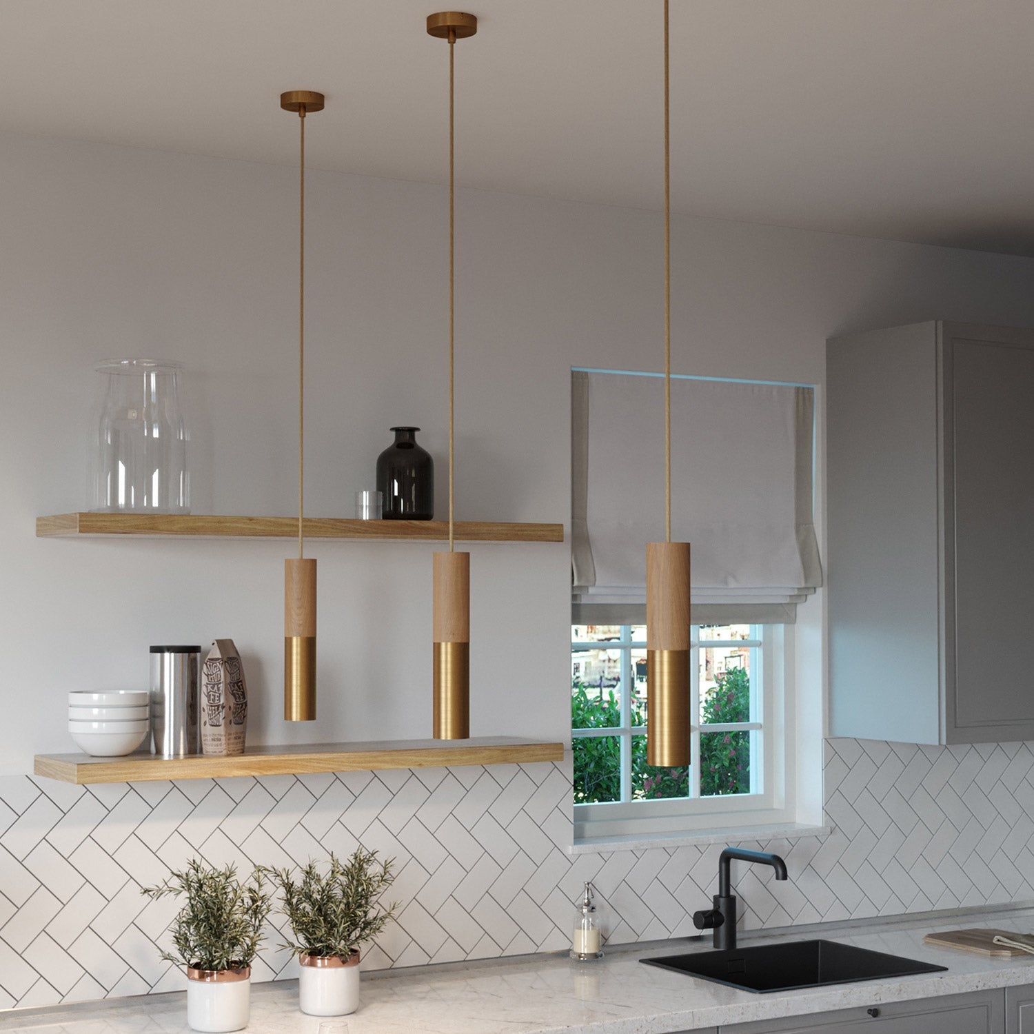 Lampada a sospensione Made in Italy completa di cavo tessile e doppio paralume Tub-E14 in legno e metallo - Bronzo satinato