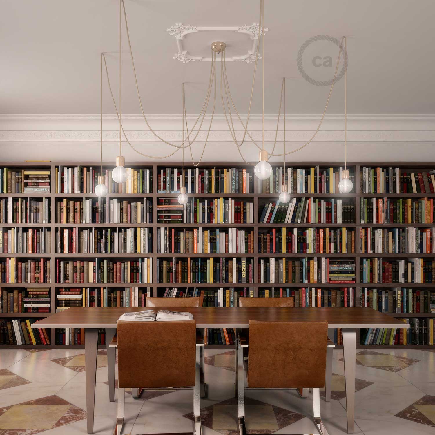 Lampada a sospensione multipla a 6 cadute con finiture in ceramica colorata - Avorio