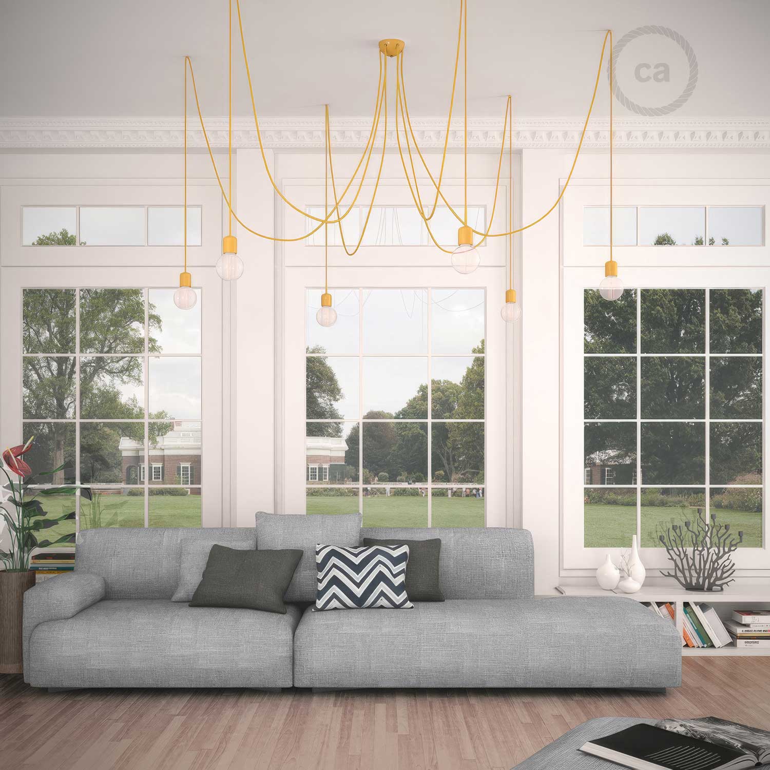 Lampada a sospensione multipla a 6 cadute con finiture in ceramica colorata - Giallo