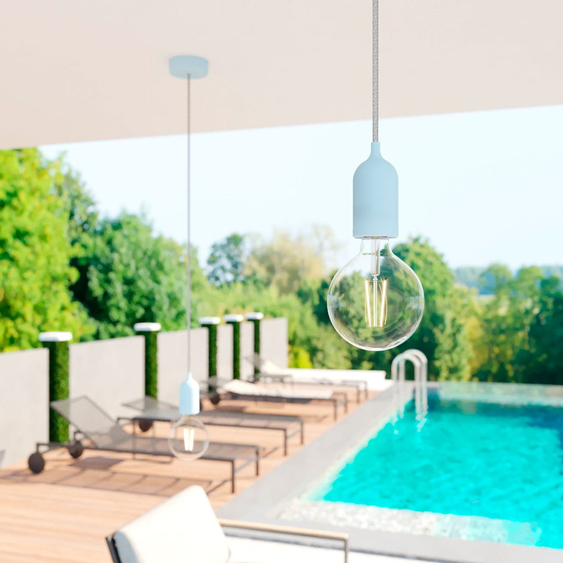 Modulair PASTEL Lampada da esterno con 1,5 m cavo tessile, rosone e portalampada in silicone IP65 waterproof - Blu carta da zucchero