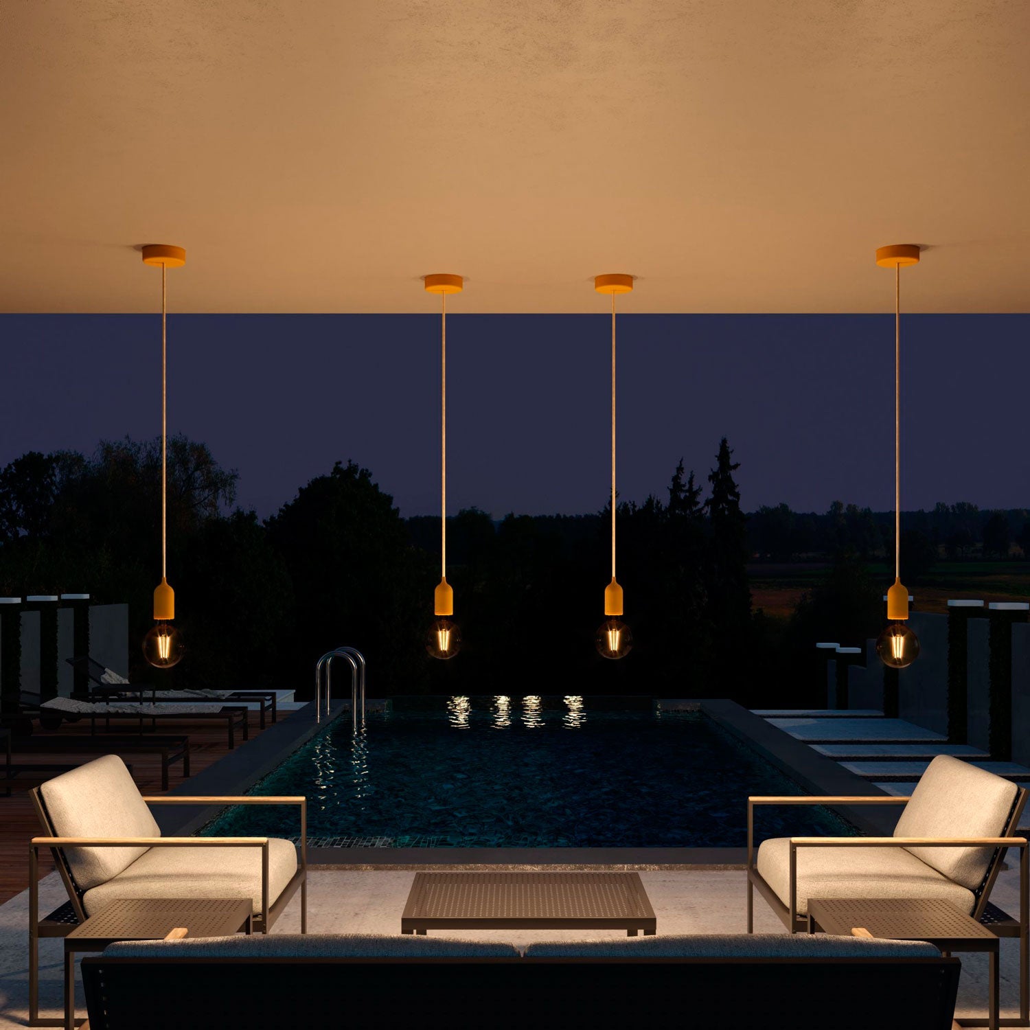 Modulair PASTEL Lampada da esterno con 1,5 m cavo tessile, rosone e portalampada in silicone IP65 waterproof - Mostarda