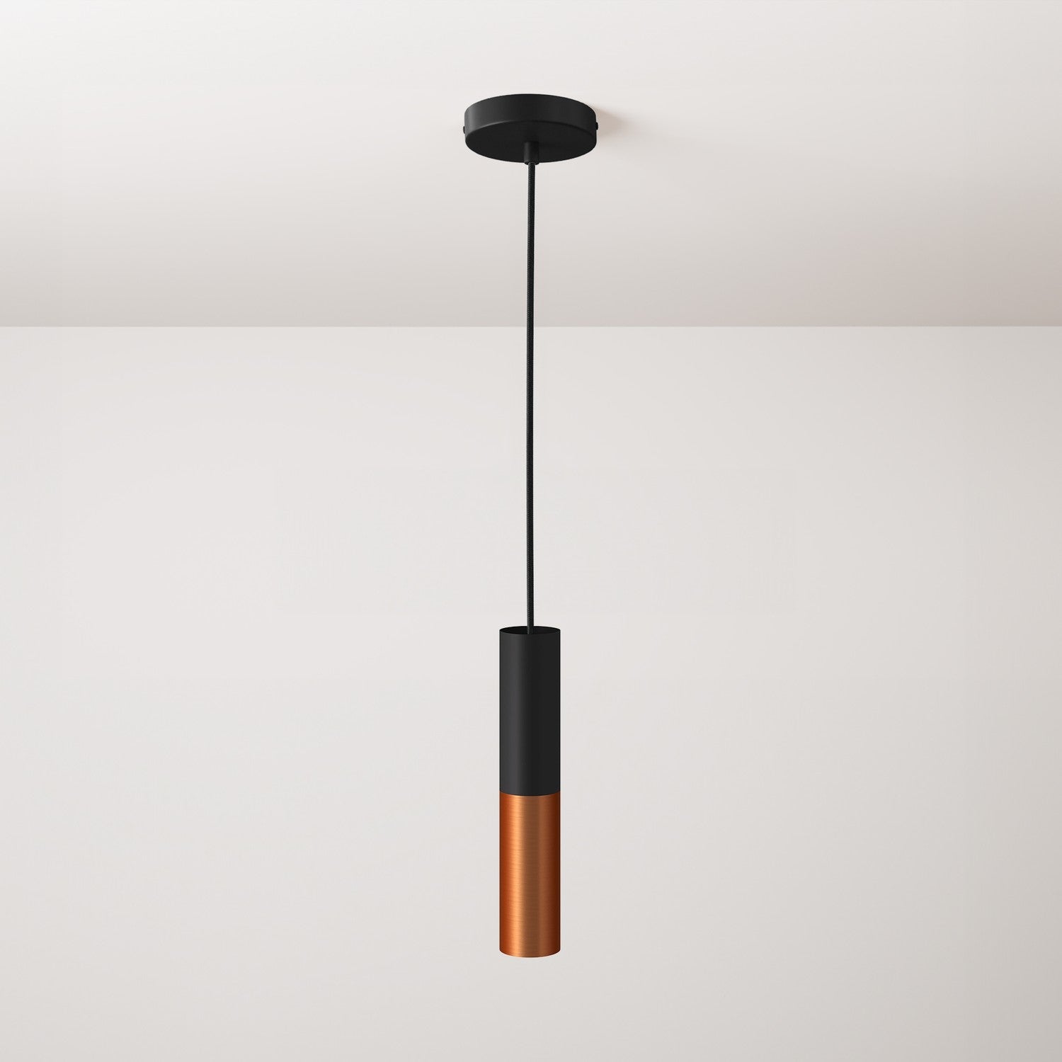 Pendant lamp complete with fabric cable and Tub-E12 double lampshade - Black and Brushed copper