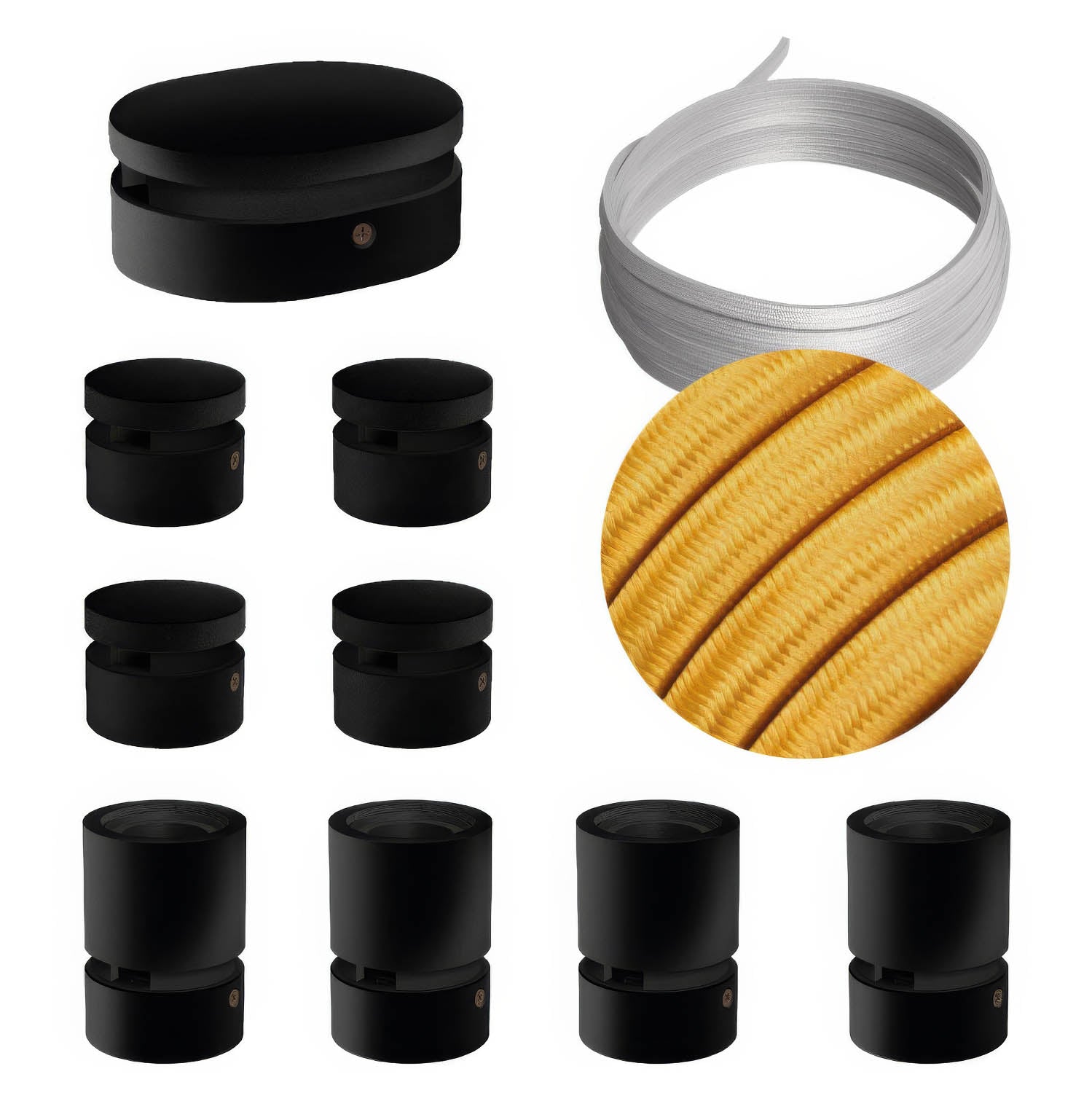 Sistema Filé Symmetric Kit - con cavo CM05 di 5 m per catenaria e 9 componenti in legno verniciato nero per interni