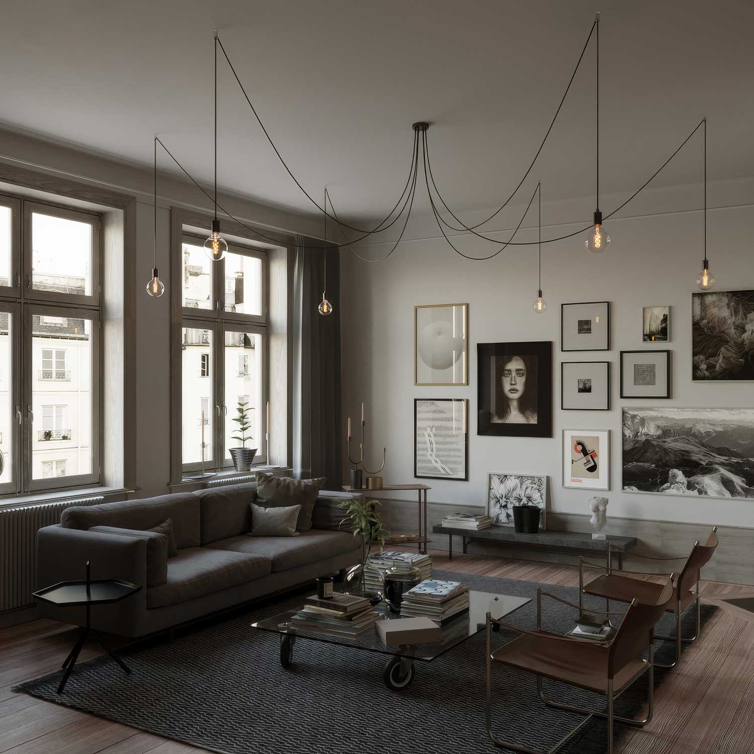 Spider - Lampada a sospensione multipla a 6 cadute con finiture in metallo - Nero perla