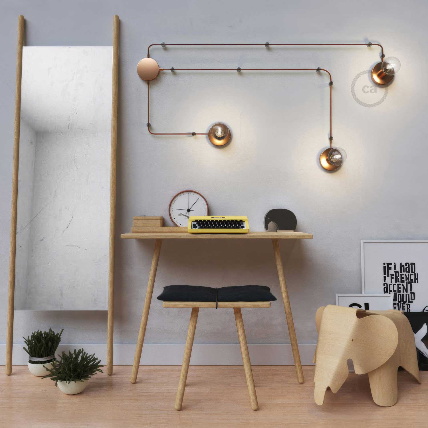 Spostaluce, il punto luce in metallo completo di cavo tessile e fori laterali - Rame