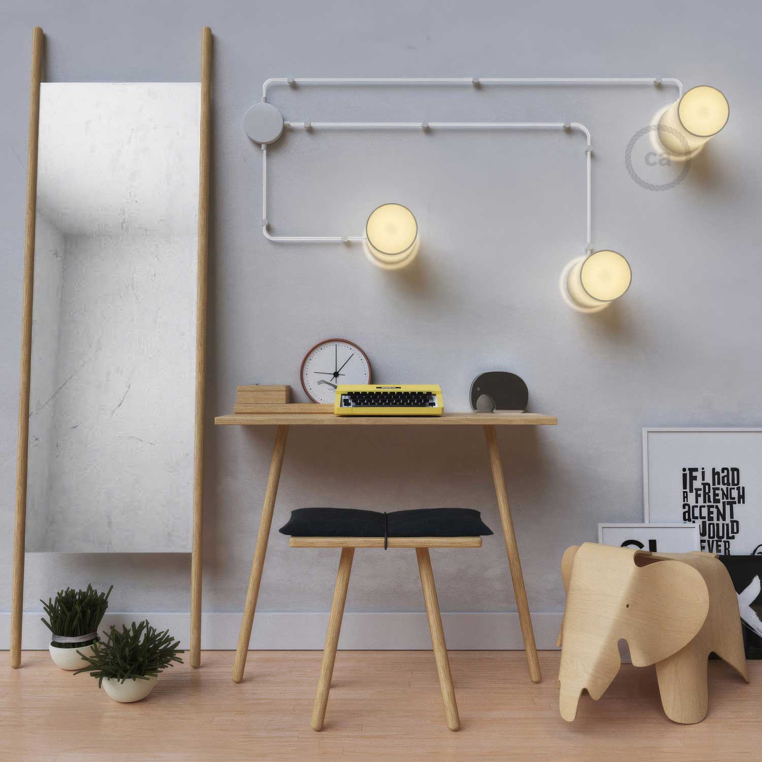 Spostaluce, il punto luce in metallo completo di portalampada E27 filettato, cavo tessile e fori laterali - Bianco