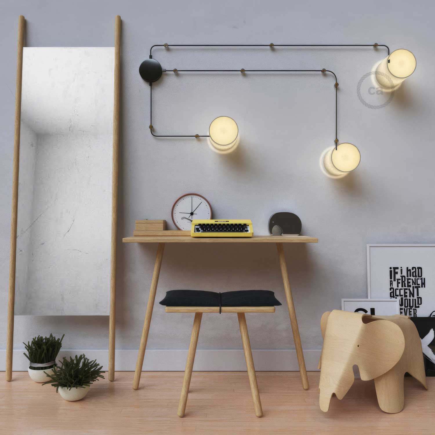 Spostaluce, il punto luce in metallo completo di portalampada E27 filettato, cavo tessile e fori laterali - Nero perla